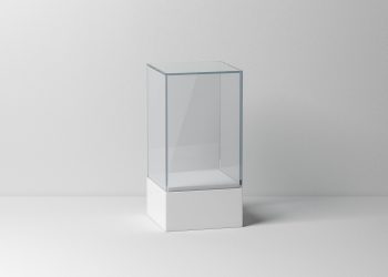 Glass box Mockup with white podium for product presentation, 3d rendering